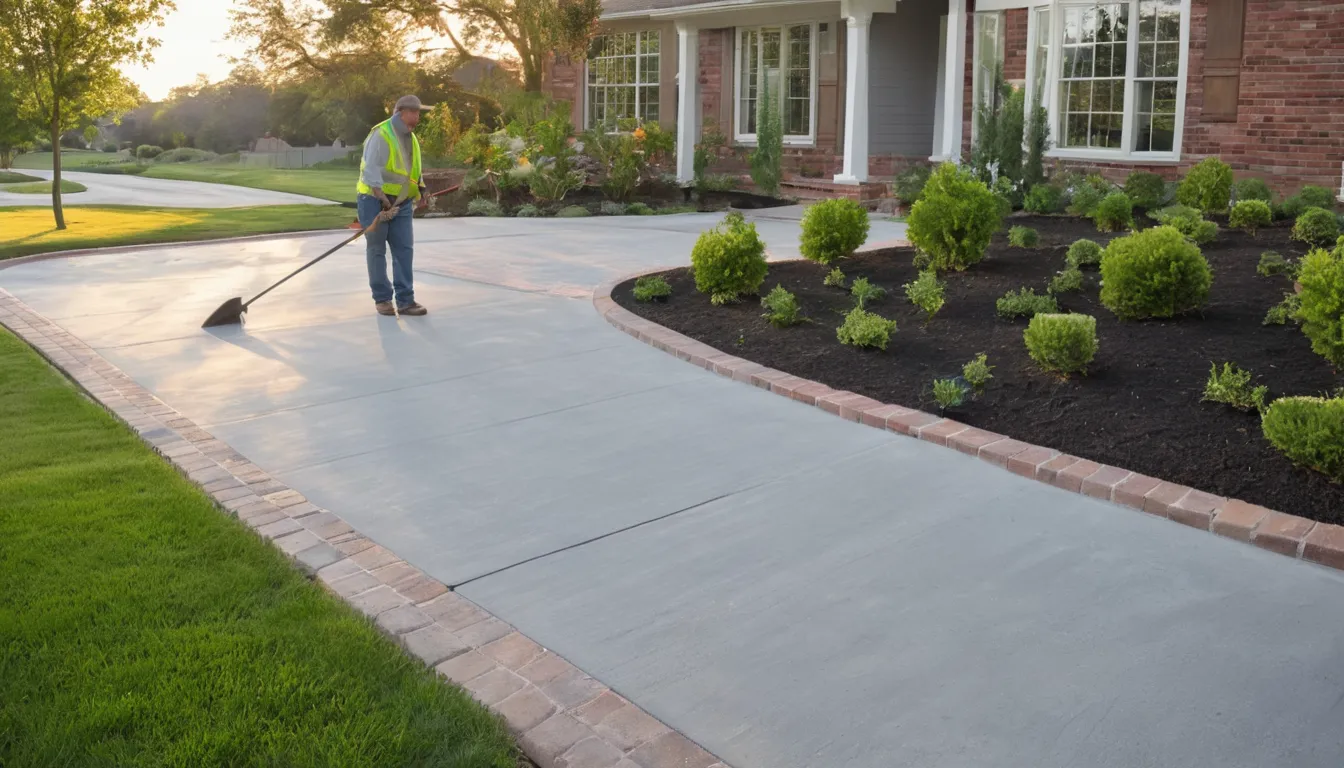 A new broom-finish concrete driveway leading to a ranch-style home in Cleveland